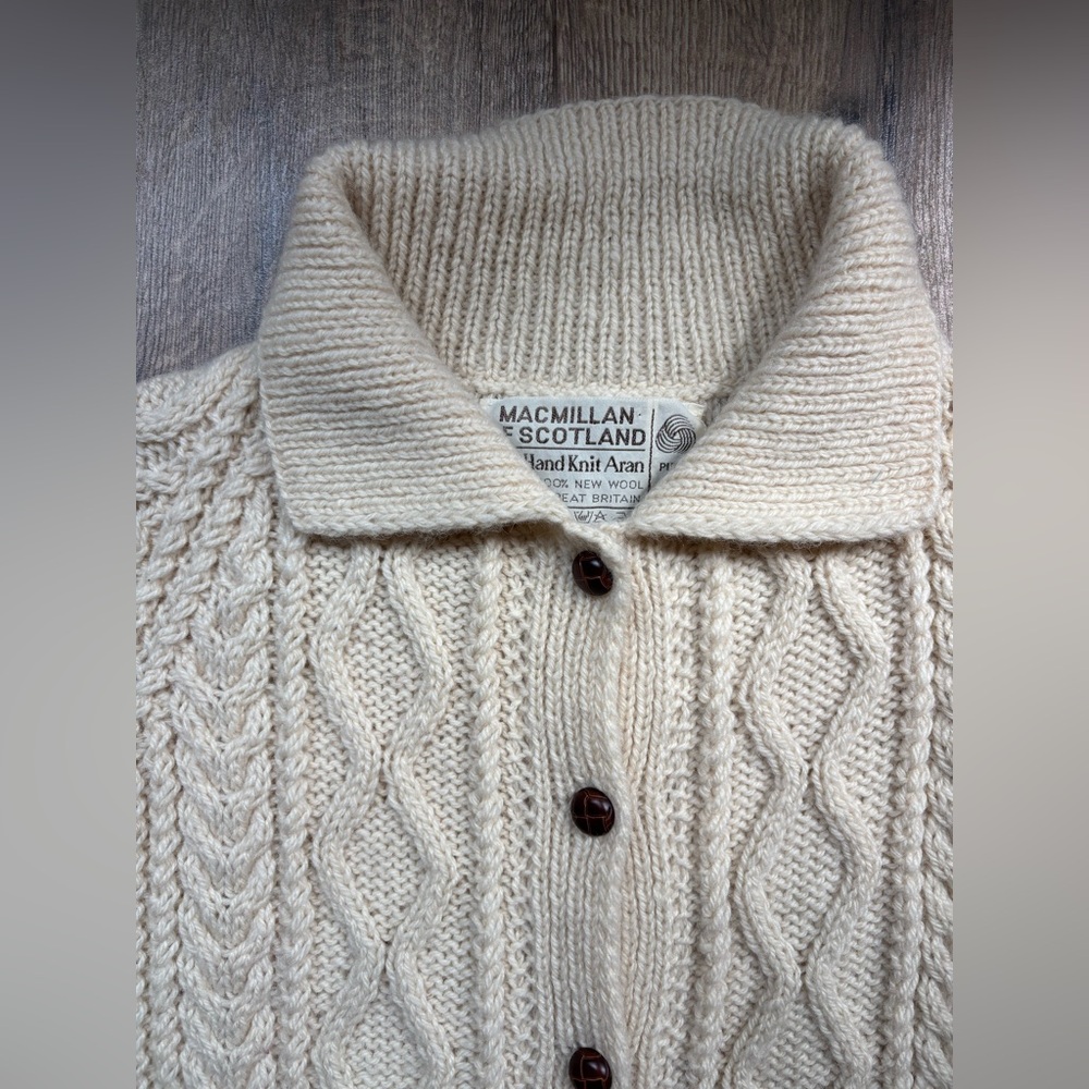 Macmillan of Scotland Cable Knit Wool Cardigan Sweater Large UK 42 Aran Unisex - Picture 12 of 16